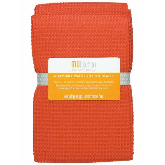 MUkitchen Microfiber Waffle Dishtowel, 17 by 25-1/2 Inches, Set of 2, Coral