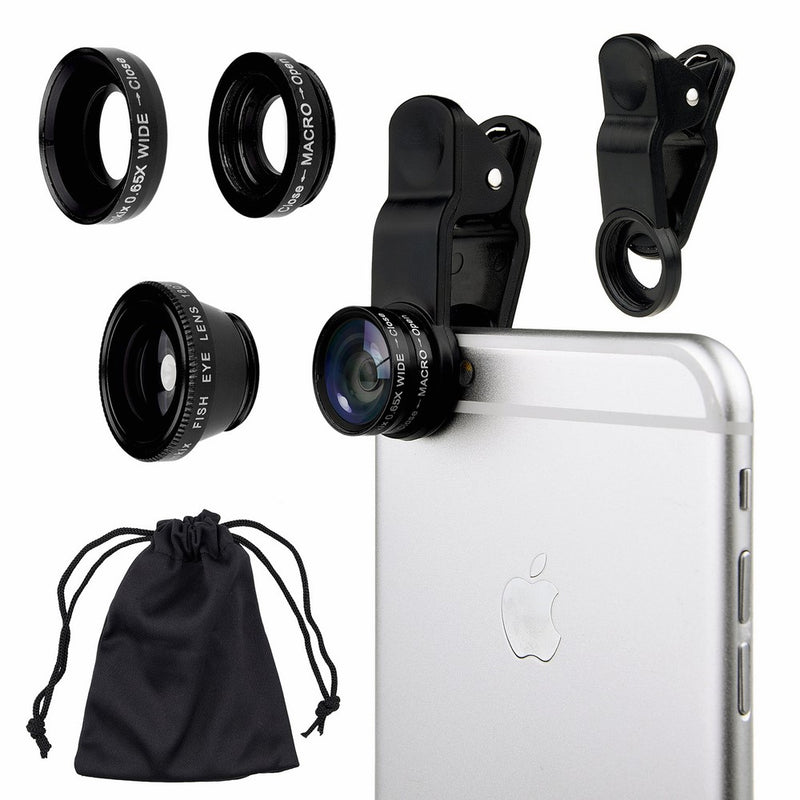 Camkix Universal 3 in 1 Cell Phone Camera Lens Kit - Fish Eye Lens/2 in 1 Macro Lens & Wide Angle Lens/Universal Clip (Black)