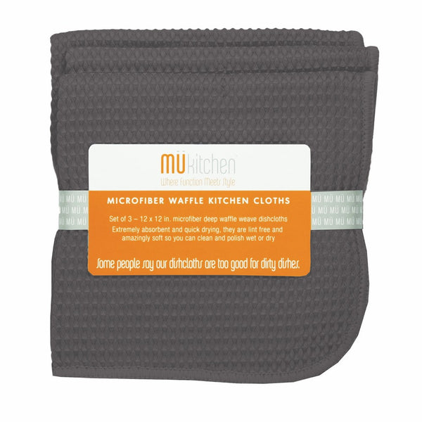 MUkitchen Microfiber Waffle Dishcloth, 12 by 12-Inches, Set of 3, Cadet Grey