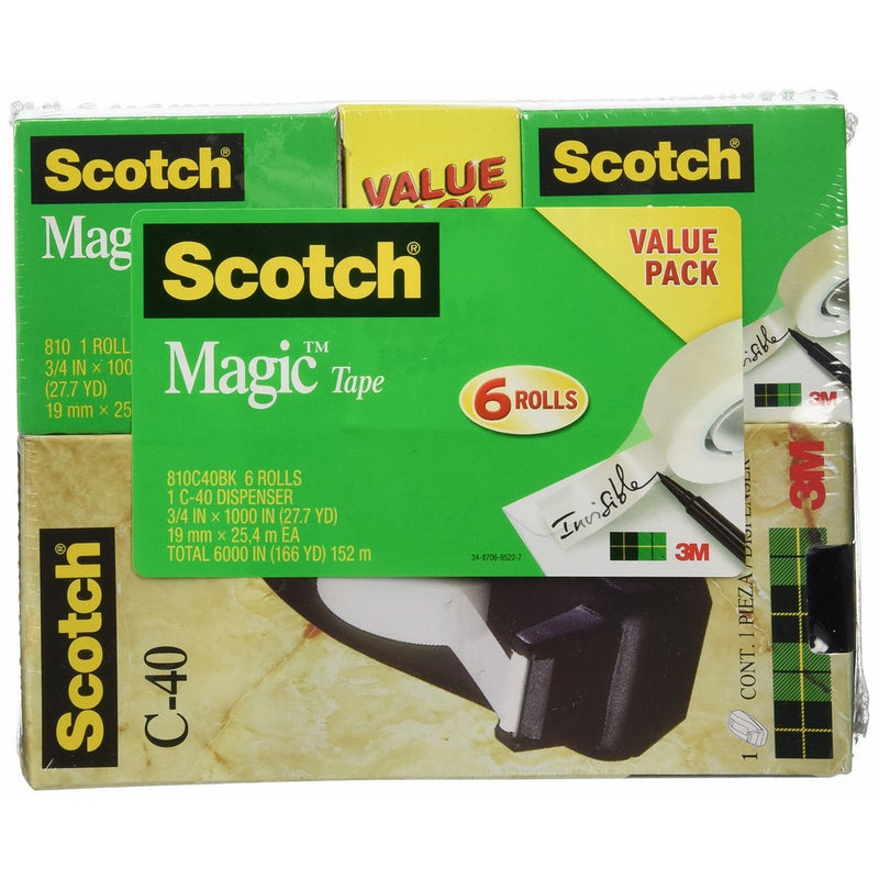 Scotch Magic Tape with C-40 Black Dispenser, Engineered for Office and Home Use, Cuts Cleanly, Matte Finish, Versatile, Standard Width, 3/4 x 1000 Inches, 6 Rolls, 1 Dispenser (810C40BK)