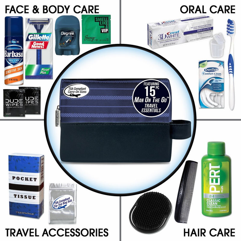 CONVENIENCE KITS Man On the Go Premium Travel Toiletry Kit, TSA Approved, Essential Travel Size Toiletries, Travel Kit for Men, Travel Toiletry, Gifts for Men, Father's Day Gift, 15-Piece Kit