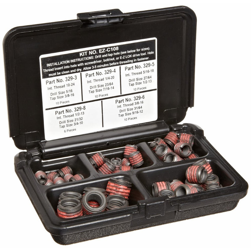 E-Z Lok Threaded Inserts For Metal; Assortment Kit; Carbon Steel; Heavy Wall; UNC Internal Threads, 10-24, 1/4-20, 5/16-18, 3/8-16, 1/2-13; 46 pieces