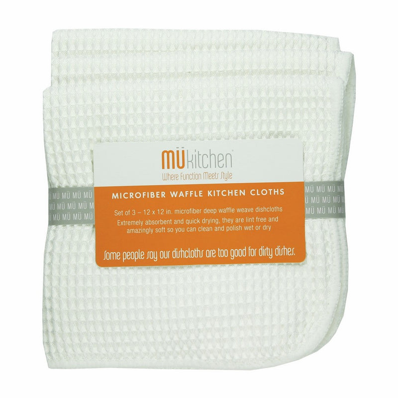 MUkitchen Microfiber Waffle Dishcloth, 12 by 12-Inches, Set of 3, White