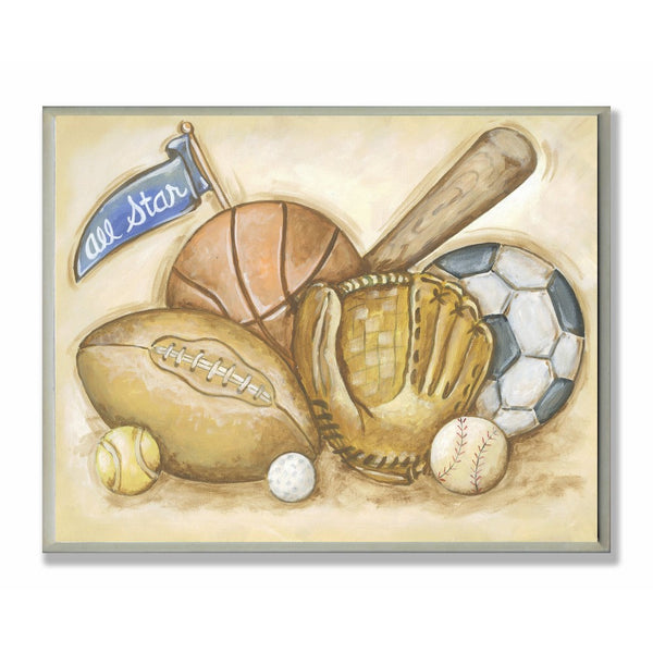 The Kids Room by Stupell All Star Multi Sport On Brown Background Rectangle Wall Plaque, 11 x 0.5 x 15, Proudly Made in USA