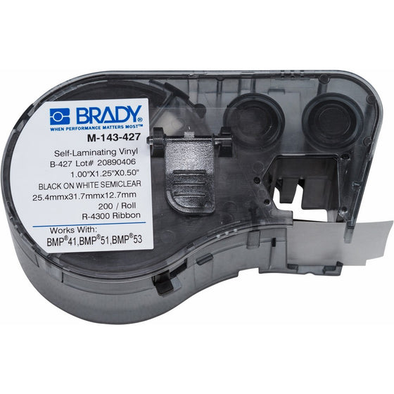 Brady Self-Laminating Vinyl Label Tape (M-143-427) - Black on White, Translucent Tape - Compatible with BMP41, BMP51, and BMP53 Label Makers - 1.25" Height, 1" Width