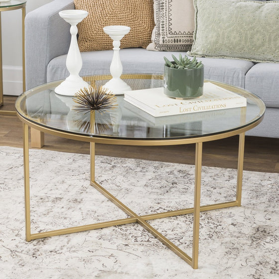 WE Furniture 36" Coffee Table with X-Base - Glass/Gold