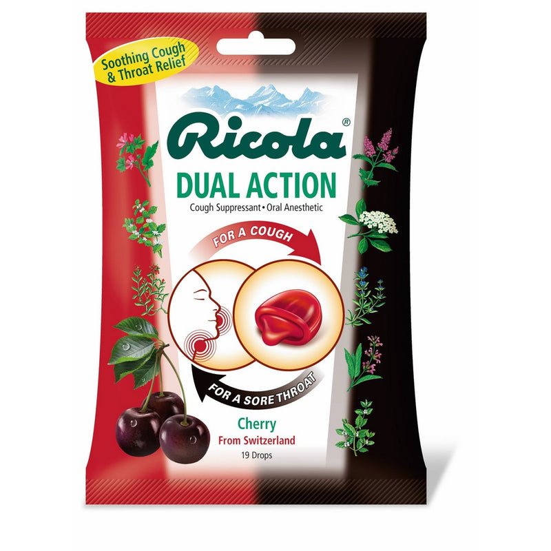 Ricola Dual Action Swiss Cherry Cough Suppressant & Oral Anesthetic Throat Drops 19 Drops, Fights Coughs Naturally, Soothes Throats