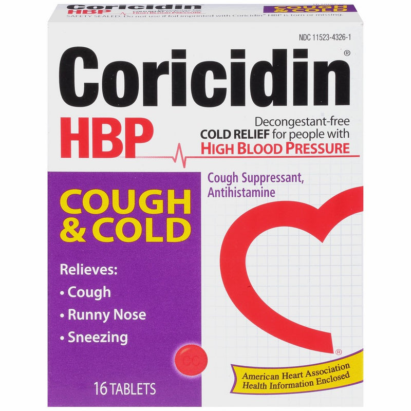 Coricidin HBP Antihistamine Cough & Cold Suppressant Tablets for People with High Blood Pressure, 16-Count Boxes (Pack of 3)