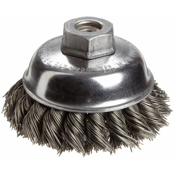 Weiler Wire Cup Brush, Threaded Hole, Steel, Partial Twist Knotted, Single Row, 3-1/2" Diameter, 0.023" Wire Diameter, 3/8"-24 Arbor, 7/8" Bristle Length, 13000 rpm (Pack of 1)