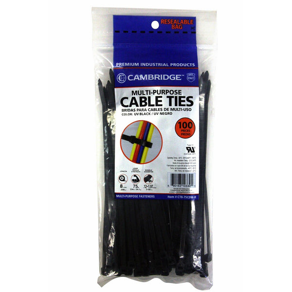 Cambridge Cable Ties 8" 75 Lbs 100 Pcs, Standard Duty, UV Black