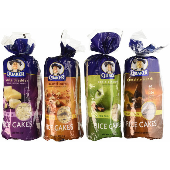 Quaker Rice Cakes Variety Bundle - Pack of 4 Flavors, Chocolate Crunch, Apple Cinnamon, Caramel Corn, White Cheddar
