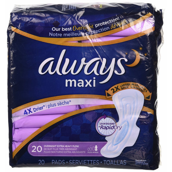 Always Maxi Overnight Feminine Pads with Wings, Super Absorbency, Unscented, 20 Count - Pack of 2 (40 Total Count)