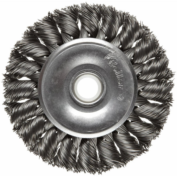 Weiler Dualife Standard Wire Wheel Brush, Round Hole, Steel, Partial Twist Knotted, 3" Diameter, 0.014" Wire Diameter, 1/2-3/8" Arbor, 5/8" Bristle Length, 3/8" Brush Face Width, 25000 rpm