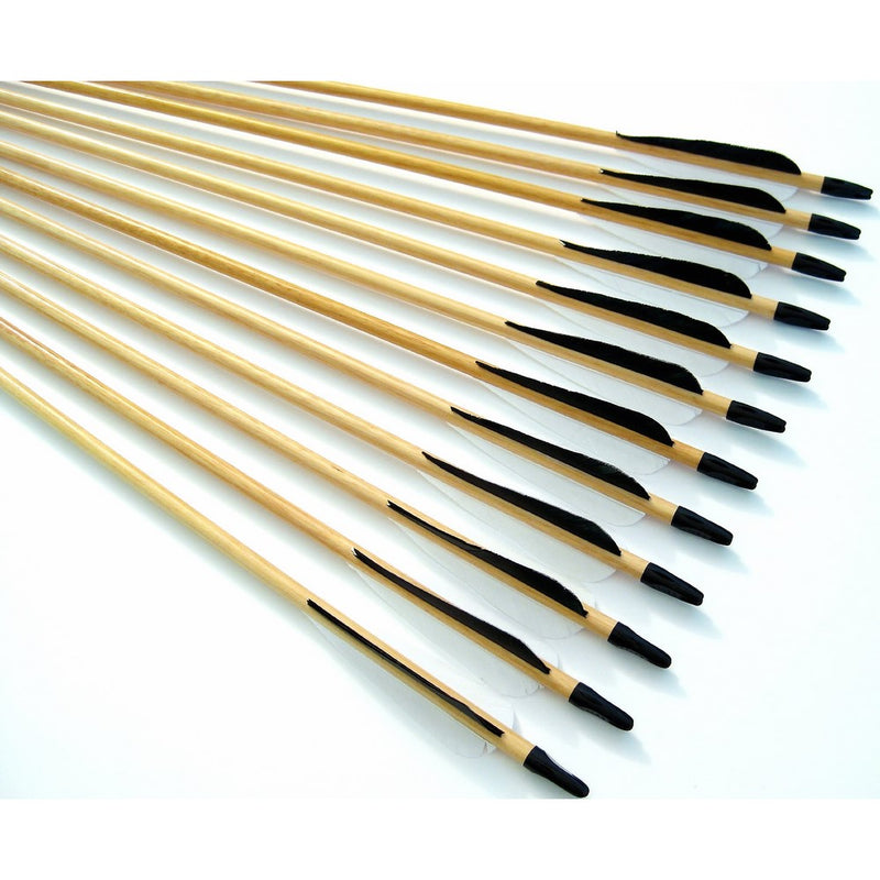 12 Shiny Black Handsome, Premium Wood Arrows with Turkey Feathers & Stainless Steel Field Points -- for Recurve, Compound, or Long Bow. 50-70 # Spine Weight. 30 Inches.