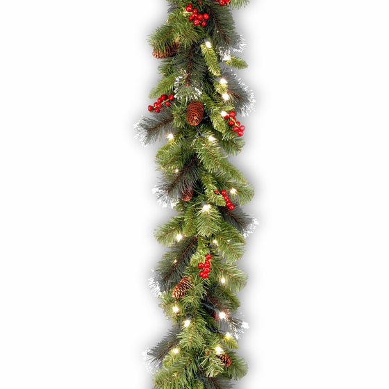 National Tree 9 Foot by 10 Inch Crestwood Spruce Garland with Red Berries, Cones, Snowflakes and 50 Soft White LED Lights (CW7-306-9A-B)