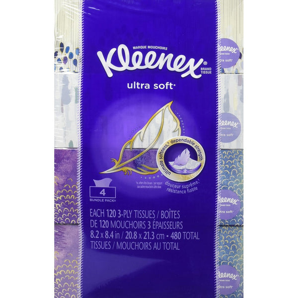 Kleenex Ultra Soft Facial Tissue Regular (Pack of 4), 120 count Each, 3 ply, White