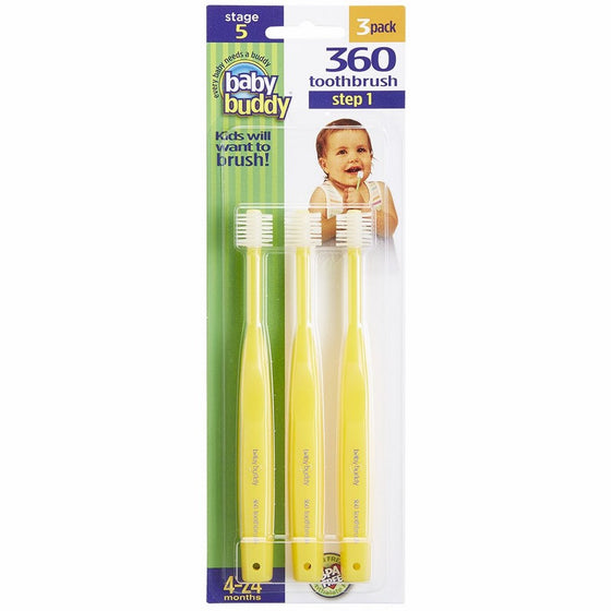 Brilliant Baby Toothbrush by Baby Buddy - For Ages 4-24 Months, BPA Free Super-Fine Micro Bristles Clean All-Around Mouth, Kids Love Them, Yellow, 3 Count