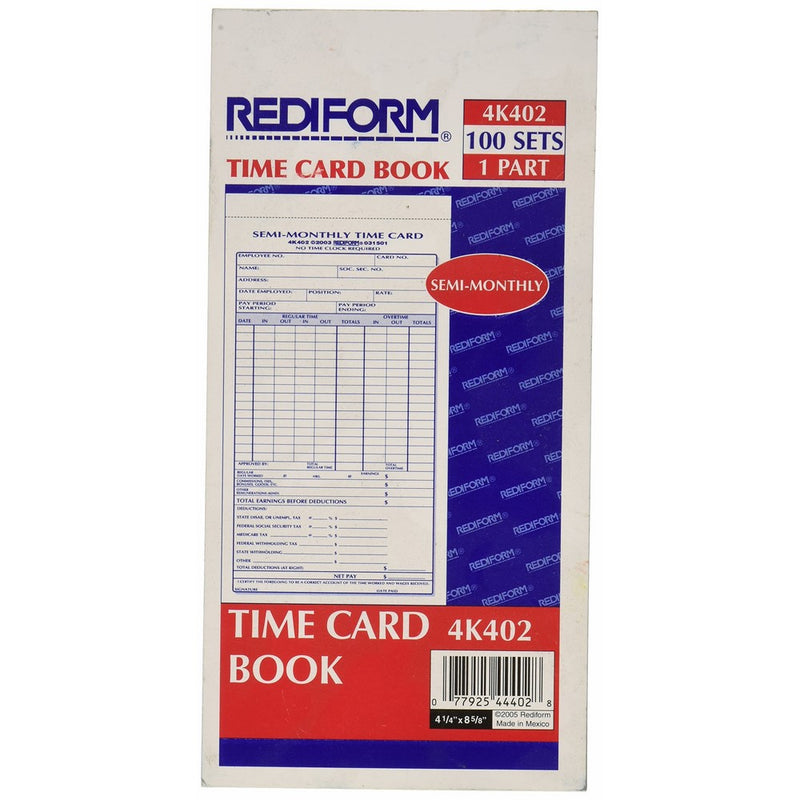 REDIFORM Time Card Pad, Semi-Monthly Manila Forms, 4.25" x 8", 100 Cards (4K402)