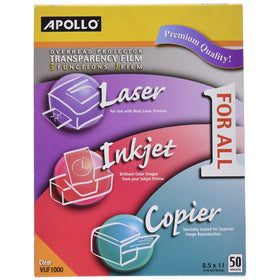 Apollo Multi-Function Transparency Film, 8.5 x 11 Inches, Clear, 50 Sheets per Pack (VUF1000E)