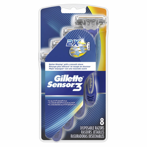 Gillette Sensor3 Men's Disposable Razor, 8 Count, Mens Razors/Blades