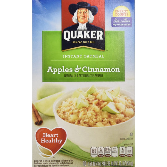 Quaker Instant Oatmeal, Apples & Cinnamon, Breakfast Cereal, 1.51 Ounce, 10 Packets Per Box (Pack of 4)