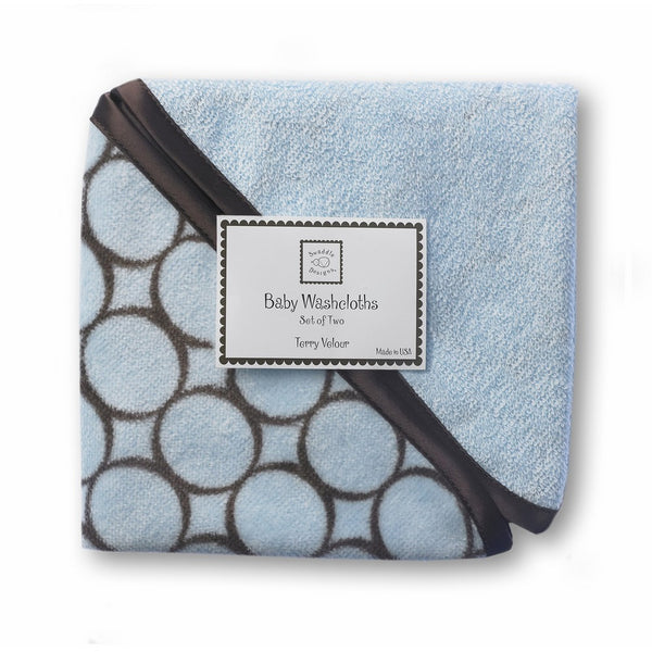 SwaddleDesigns Cotton Terry Velour Baby Washcloths, Set of 2, Brown Mod Circles on Pastel Blue