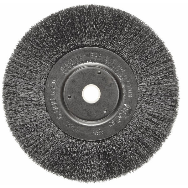 Weiler Trulock Narrow Face Wire Wheel Brush, Round Hole, Steel, Crimped Wire, 6" Diameter, 0.006" Wire Diameter, 5/8-1/2" Arbor, 1-7/16" Bristle Length, 3/4" Brush Face Width, 6000 rpm