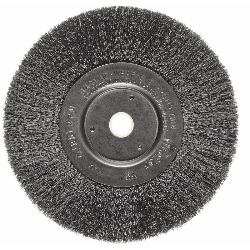 Weiler Trulock Narrow Face Wire Wheel Brush, Round Hole, Steel, Crimped Wire, 6" Diameter, 0.006" Wire Diameter, 5/8-1/2" Arbor, 1-7/16" Bristle Length, 3/4" Brush Face Width, 6000 rpm