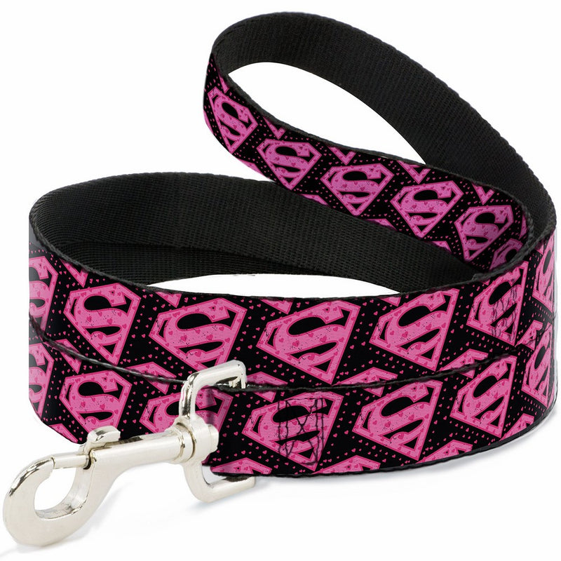 Buckle Down Pet Leash - Diagonal Superman Logo w/Hearts Black/Pink - 4 Feet Long - 1" Wide