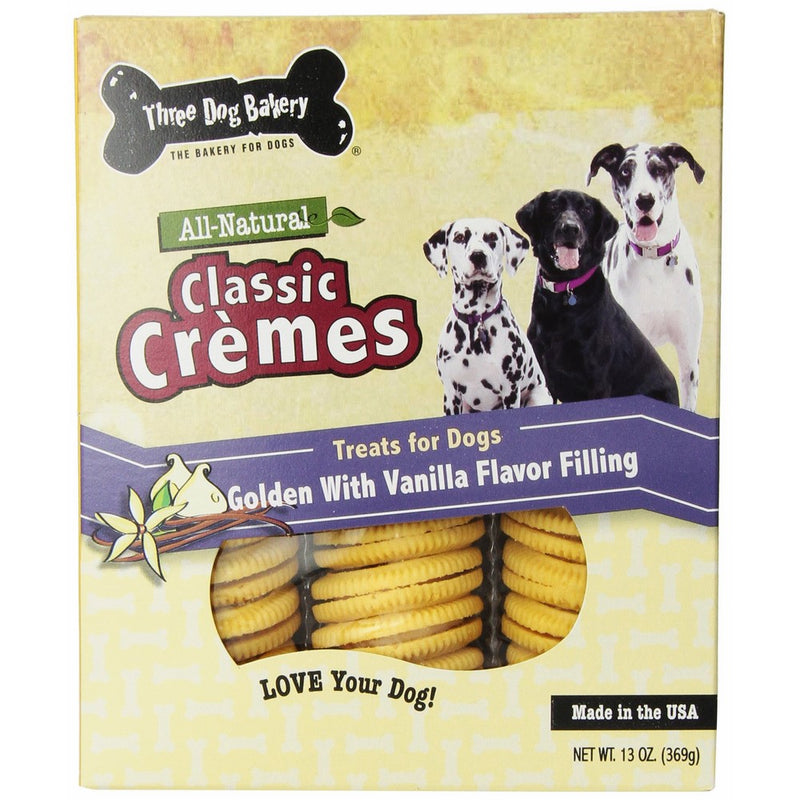 Three Dog Bakery Classic Cremes Baked Dog Treats, Golden with Vanilla Filling, 13 oz