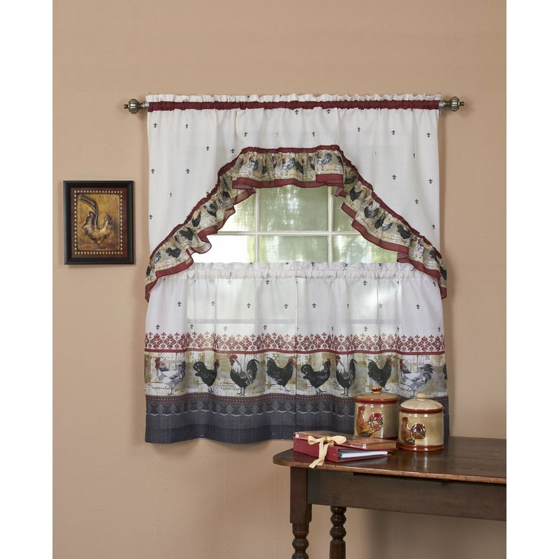 Achim Home Furnishings Rooster Tier and Swag Set, 57-Inch by 36-Inch, Burgundy