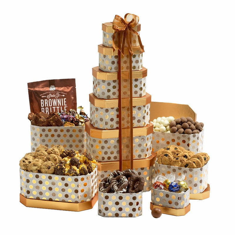 Broadway Basketeers Gourmet Gift Tower with an Assortment of Chocolate, Snacks, Sweets, Cookies and Nuts