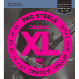 D'Addario EPS170-6 6-String ProSteels Bass Guitar Strings, Light, 32|130, Long Scale