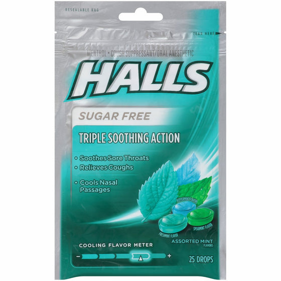 Halls Mentho-Lyptus Drops Sugar Free Assorted Mint 25 Each