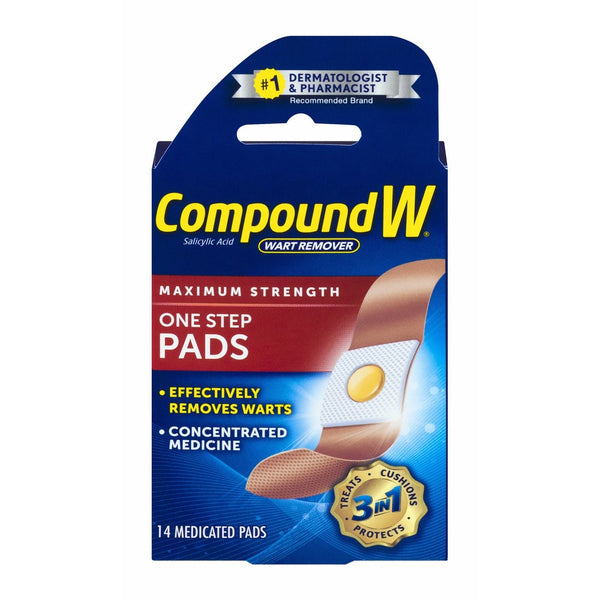 Compound W Wart Remover One Step Pads - Maximum Strength - Waterproof, Medicated, Self-Adhesive Pads Conceal and Protect Common and Plantar Warts While Treating them with Salicylic Acid - 14 Count