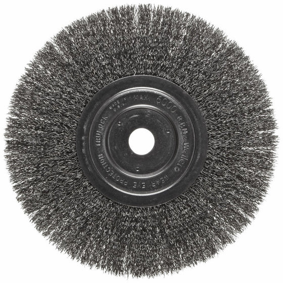 Weiler Trulock Narrow Face Wire Wheel Brush, Round Hole, Steel, Crimped Wire, 8" Diameter, 0.014" Wire Diameter, 3/4" Arbor, 2-1/16" Bristle Length, 3/4" Brush Face Width, 6000 rpm
