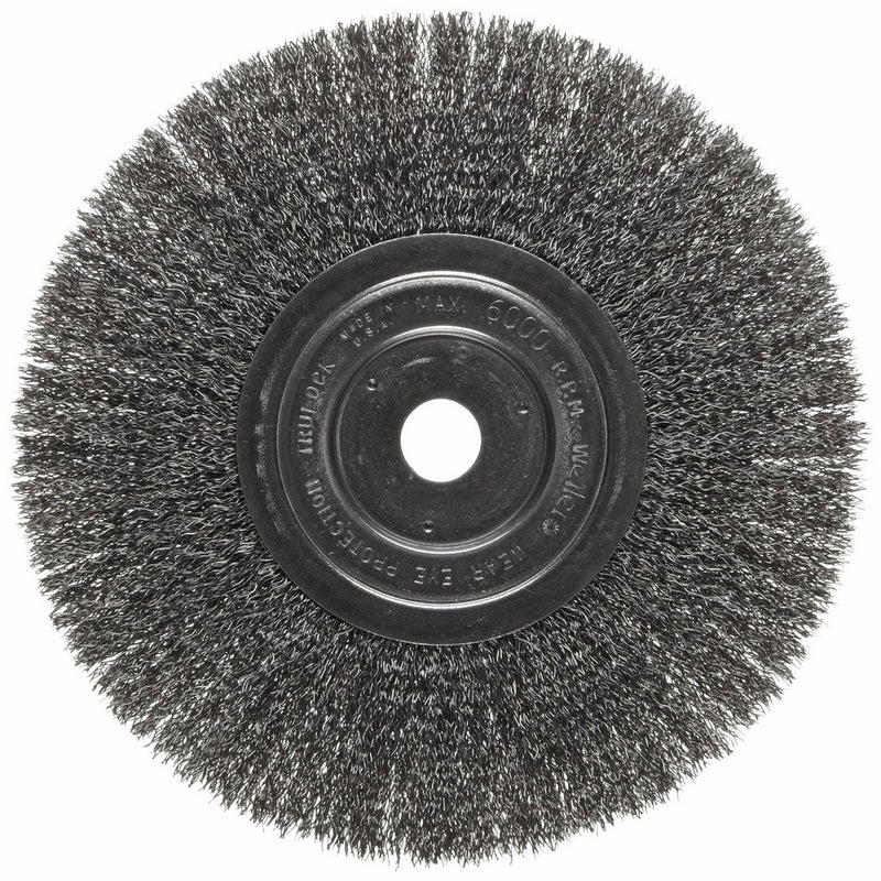 Weiler Trulock Narrow Face Wire Wheel Brush, Round Hole, Steel, Crimped Wire, 8" Diameter, 0.014" Wire Diameter, 3/4" Arbor, 2-1/16" Bristle Length, 3/4" Brush Face Width, 6000 rpm