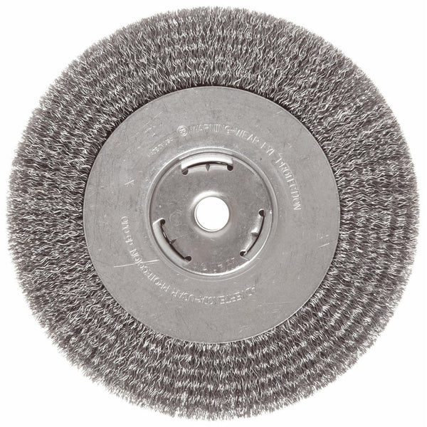 Weiler Vortec Pro Wide Face Wire Wheel Brush, Round Hole, Carbon Steel, Crimped Wire, 8" Diameter, 0.014" Wire Diameter, 5/8" Arbor, 1-3/8" Bristle Length, 1" Brush Face Width, 6000 rpm