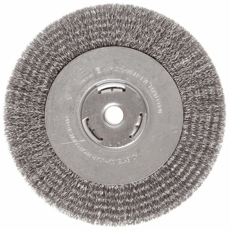 Weiler Vortec Pro Wide Face Wire Wheel Brush, Round Hole, Carbon Steel, Crimped Wire, 8" Diameter, 0.014" Wire Diameter, 5/8" Arbor, 1-3/8" Bristle Length, 1" Brush Face Width, 6000 rpm