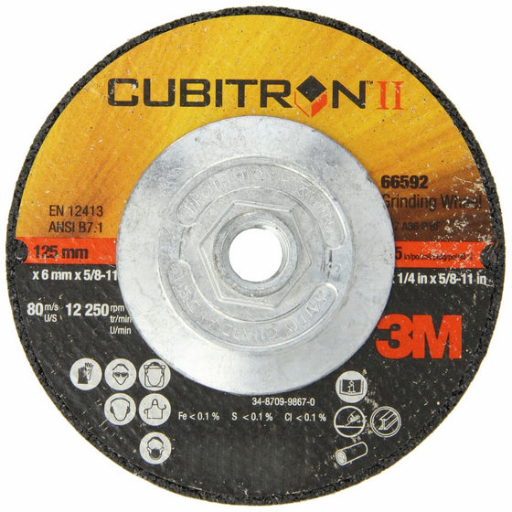 3M Cubitron II Depressed Center Grinding Wheel T27 Quick Change, Precision Shaped Ceramic Grain, 12250 RPM, 5" Diameter x 1/4" Thick, 5/8"-11 Arbor, 36 Grade (Pack of 1)