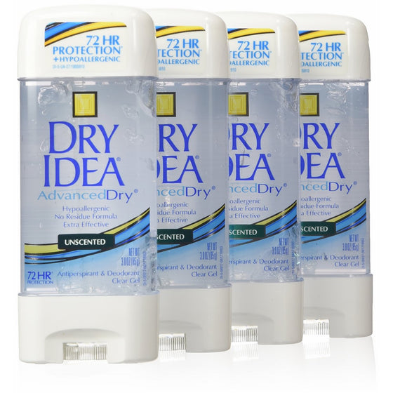 Dry Idea Advanced Dry Antiperspirant & Deodorant, Clear Gel, 72 Hr, Unscented, 3 Oz (Pack of 4)