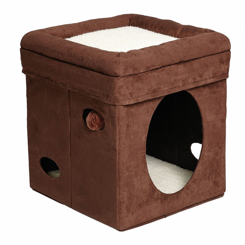 MidWest The Original Curious Cat Cube, Cat House/Cat Condo in Brown Faux Suede & Synthetic Sheepskin