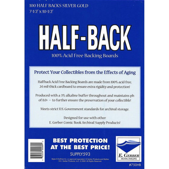 Half-Back Silver & Gold Comic Book Backing Boards 7 1/2" x 10 1/2"