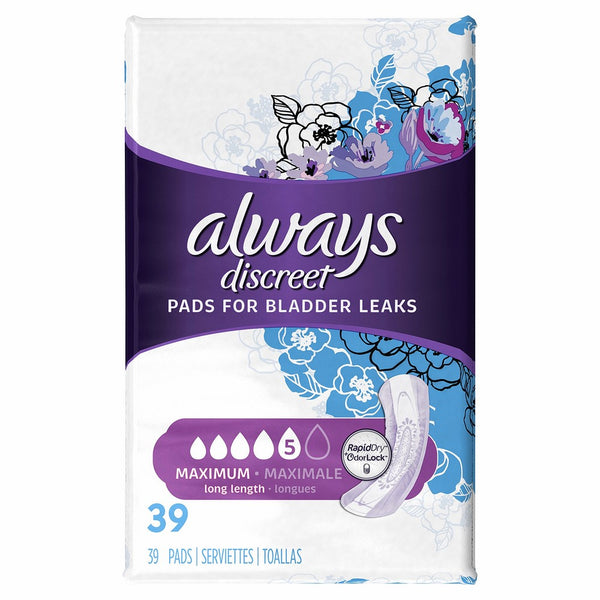 Always Discreet, Incontinence Pads, Maximum, Long Length, 39 Count (Packaging May vary)