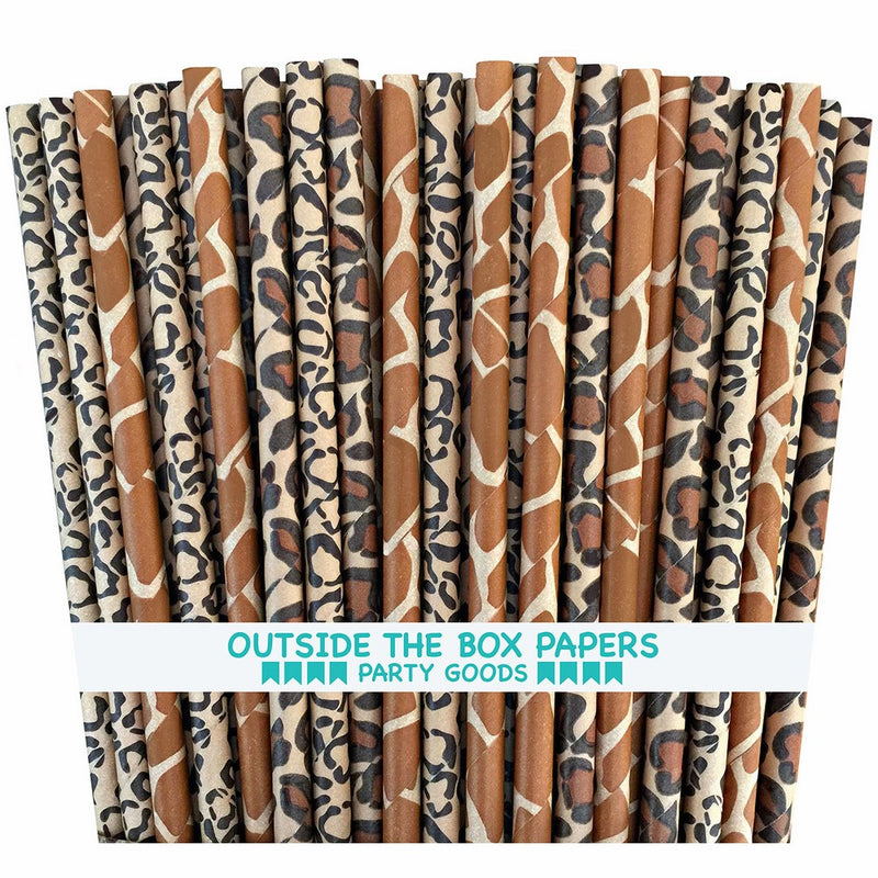 Outside the Box Papers Safari Theme Animal Print Paper Drinking Straws 7.75 Inches 75 Pack Black, Brown, Tan