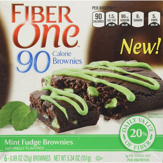 General Mills, Fiber One 90 Calorie, Mint Fudge Brownies, 6 Count, 5.34oz Box (Pack of 3)