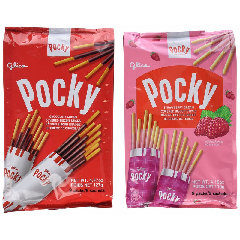 Glico Pocky Family Fun Pack 4.47 oz & 4.19 oz, 9 packs (Chocolate and Strawberry, Pack of 2)