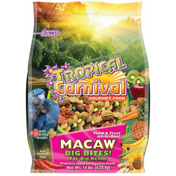 Tropical Carnival F.M. Brown's Gourmet Macaw Food Big Bites for Big Beaks, Vitamin-Nutrient Fortified Daily Diet with Probiotics for Digestive Health, 14lb