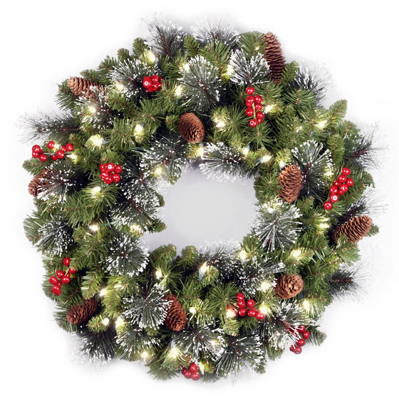 National Tree 24 Inch Crestwood Spruce Wreath with Silver Bristles, Cones, Red Berries and 50 Clear Lights (CW7-306-24W-1)