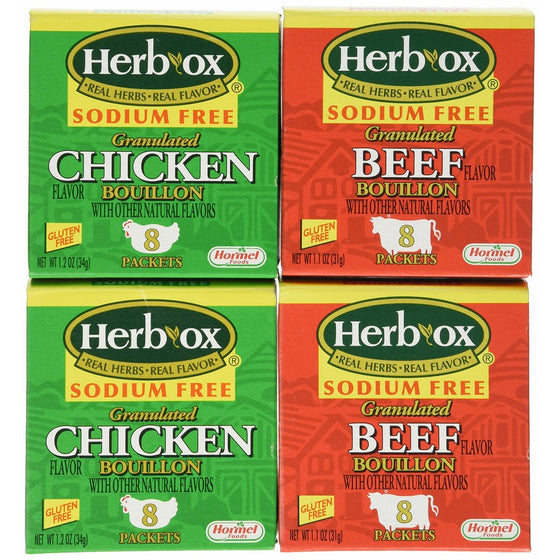 Herb-Ox Sodium Free Bouillon Bundle - 4 Items (2 Beef Bouillon and 2 Chicken Bouillon) - Super Value